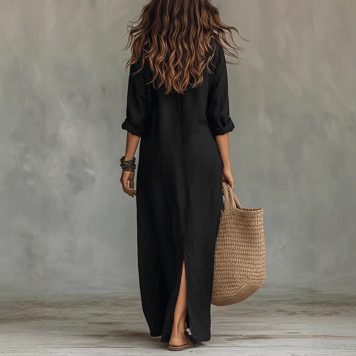 Long-sleeve Maxi Dress Casual Solid Color Lapel Collar Side Slit Beach Dresses Women's Clothing