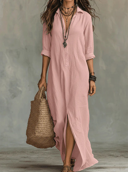 Long-sleeve Maxi Dress Casual Solid Color Lapel Collar Side Slit Beach Dresses Women's Clothing