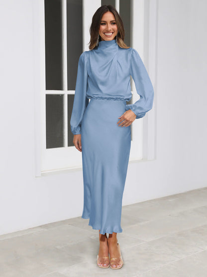 Elegant Temperament Long-sleeved Dress Satin Halterneck Formal Evening Dresses Women Clothing