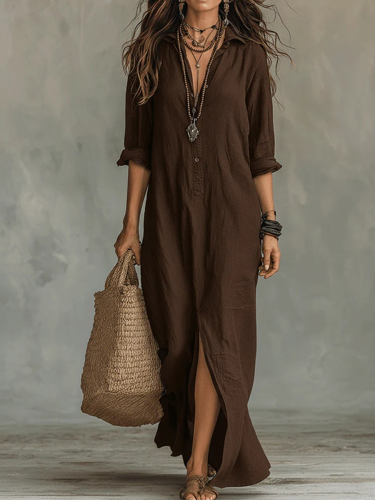 Long-sleeve Maxi Dress Casual Solid Color Lapel Collar Side Slit Beach Dresses Women's Clothing