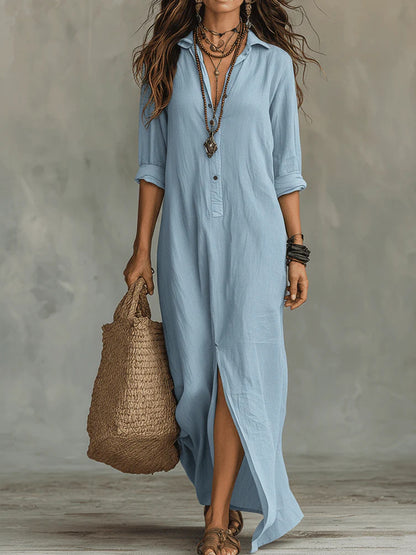 Long-sleeve Maxi Dress Casual Solid Color Lapel Collar Side Slit Beach Dresses Women's Clothing
