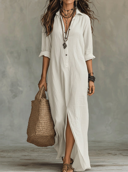 Long-sleeve Maxi Dress Casual Solid Color Lapel Collar Side Slit Beach Dresses Women's Clothing