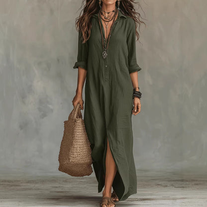 Long-sleeve Maxi Dress Casual Solid Color Lapel Collar Side Slit Beach Dresses Women's Clothing
