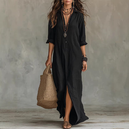 Long-sleeve Maxi Dress Casual Solid Color Lapel Collar Side Slit Beach Dresses Women's Clothing